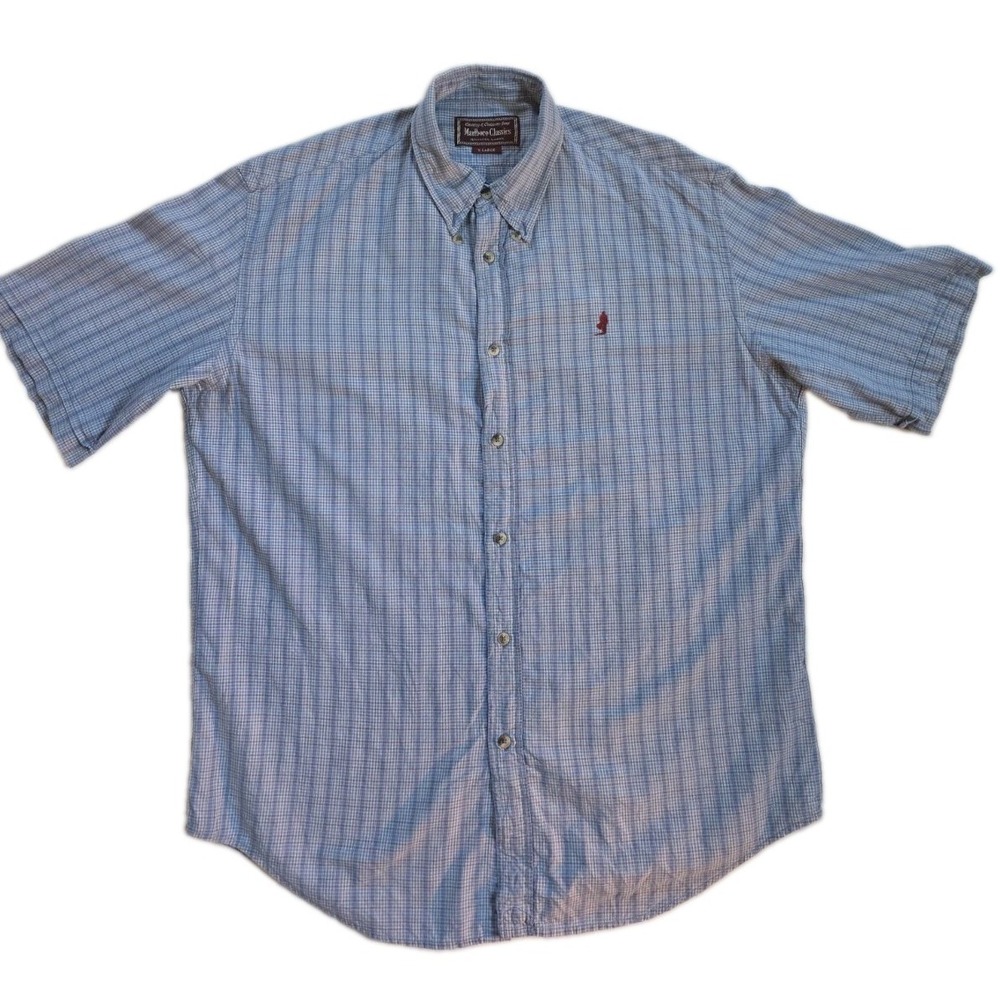 Vintage Marlboro Classics Plaid Shirt Mens XL Blue Micro-Check Cowboy Logo 90s